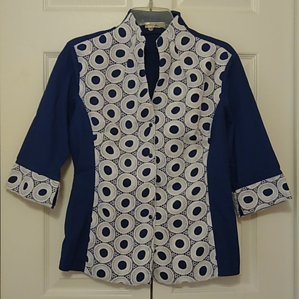 Ladies Navy & White Lace Trim Blouse